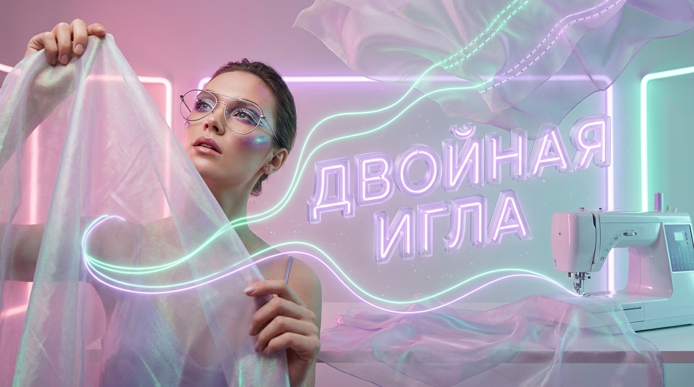 Установленная в механизм двойная швейная игла. Иллюстрация демонстрирует, как шить двойной иглой на швейной машине с нитками.
