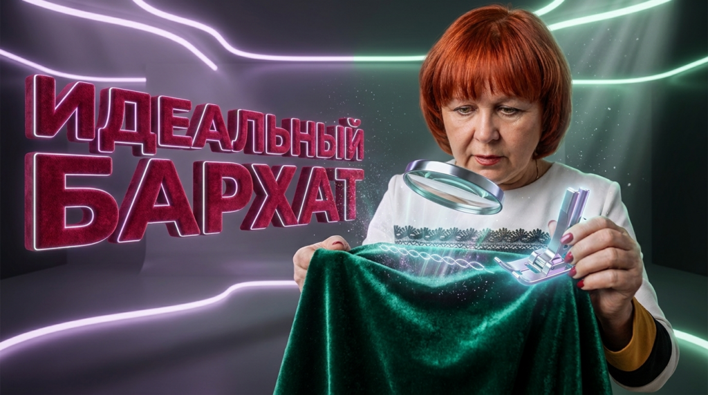 Швея аккуратно прошивает темную бархатную ткань на швейной машинке, демонстрируя как шить бархат на машинке без повреждений.
