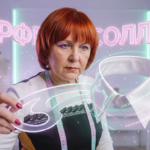 Мастер в процессе шитья показывает, как пришить воротник к горловине изделия, демонстрируя ровный шов.