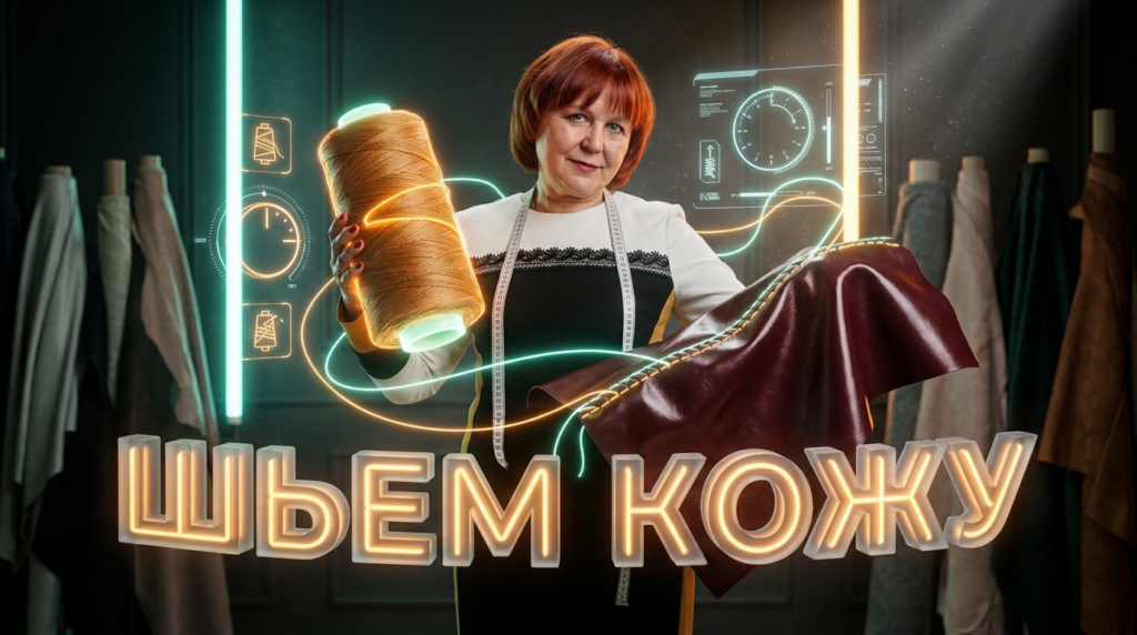 Швейная игла прошивает плотный материал, показывая, как шить кожу на обычной машинке с правильными нитками.