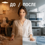 Женщина спокойно распускает неудачный шов на ткани. Процесс шитья как способ расслабиться и обрести душевное равновесие.