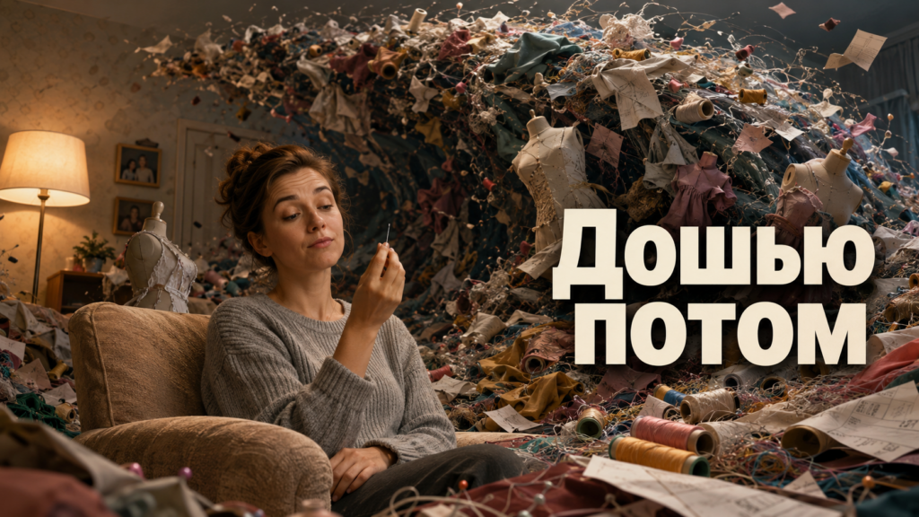Незавершённый швейный проект с тканью и выкройками лежит в корзине для рукоделия, ожидая продолжения работы