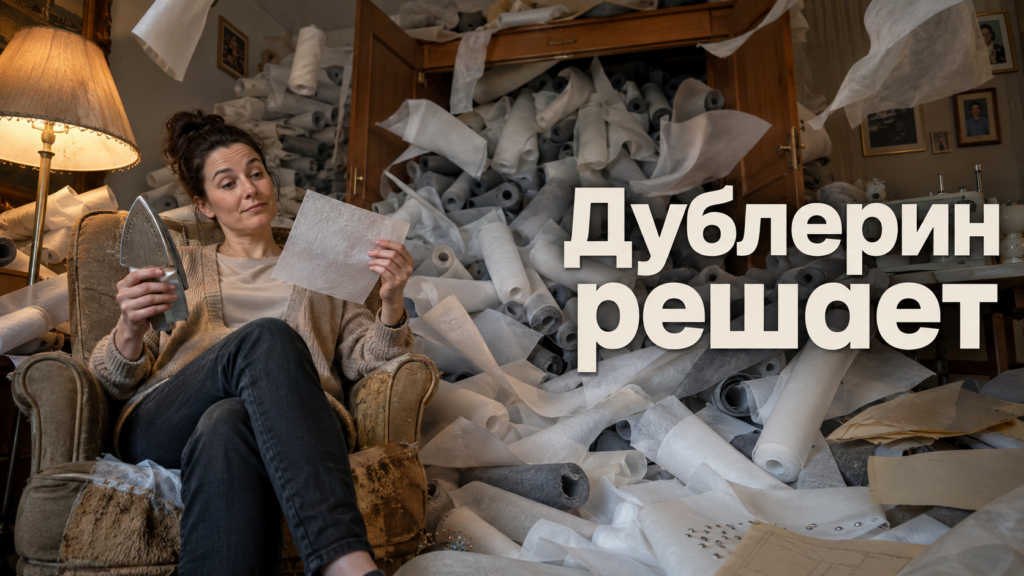 Швея подкладывает дублерин на деталь пиджака перед раскроем, рядом лежат прокладочные материалы и ткань костюма