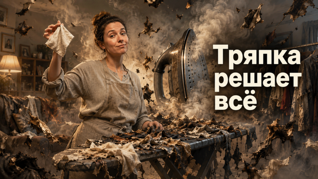 Утюг с отпаривателем и хлопковая тряпка-проутюжильник, разложенные на одежде перед обработкой паром