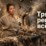 Утюг с отпаривателем и хлопковая тряпка-проутюжильник, разложенные на одежде перед обработкой паром