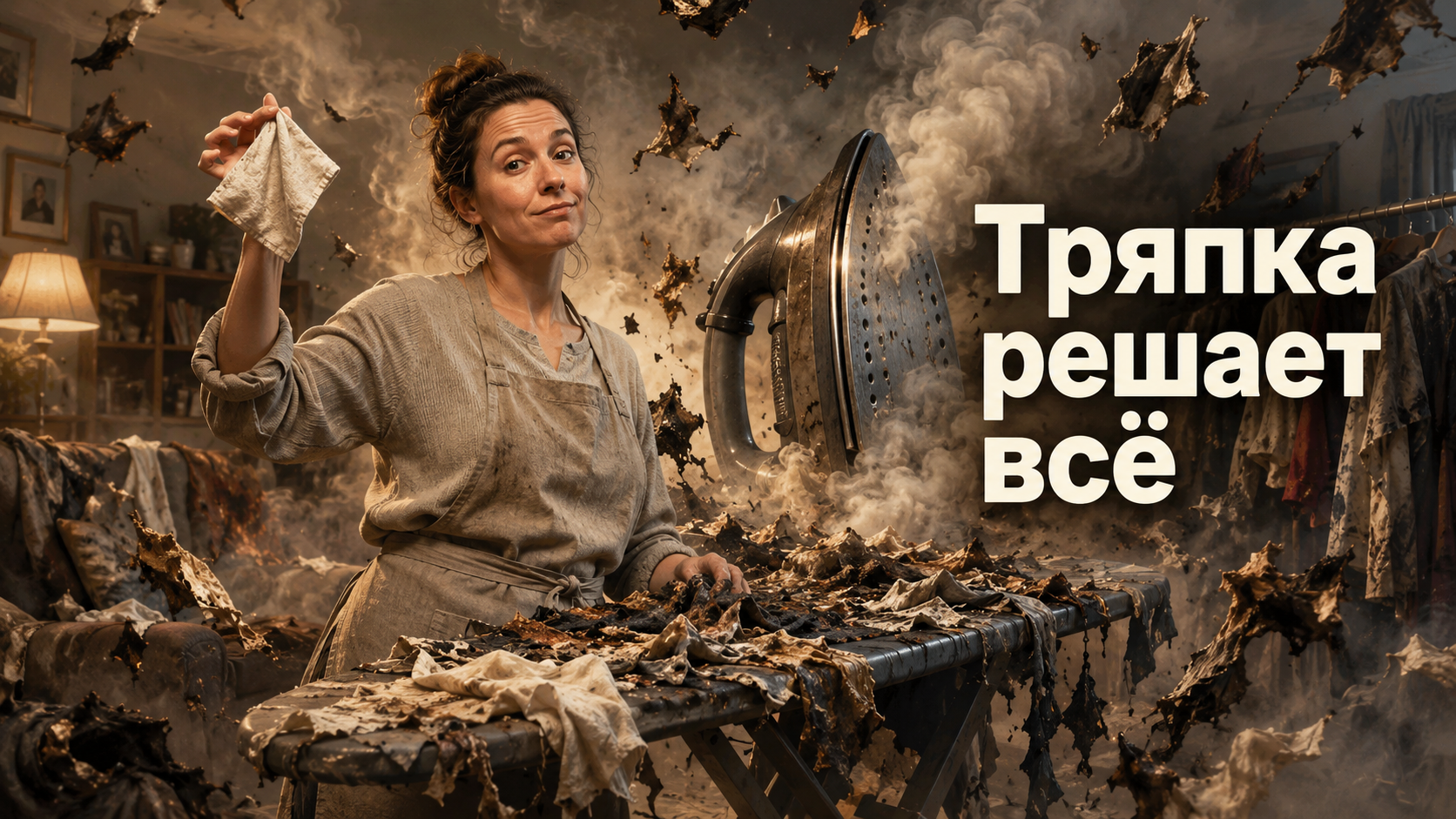 Утюг с отпаривателем и хлопковая тряпка-проутюжильник, разложенные на одежде перед обработкой паром