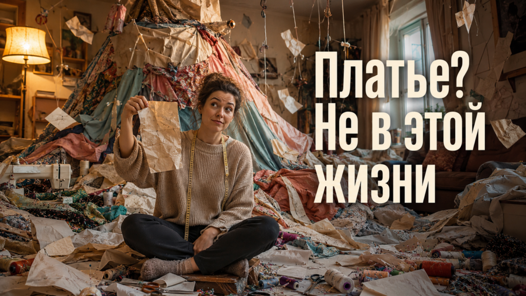 Женщина за сорок осваивает шитьё, раскладывает ткань и выкройки на столе, учится швейному делу с нуля