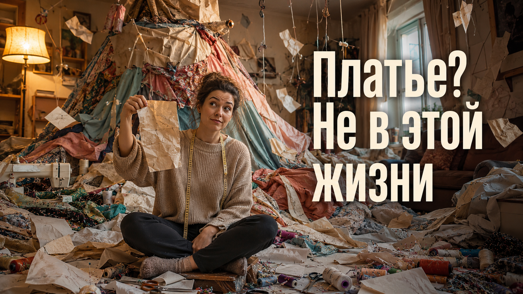 Женщина за сорок осваивает шитьё, раскладывает ткань и выкройки на столе, учится швейному делу с нуля