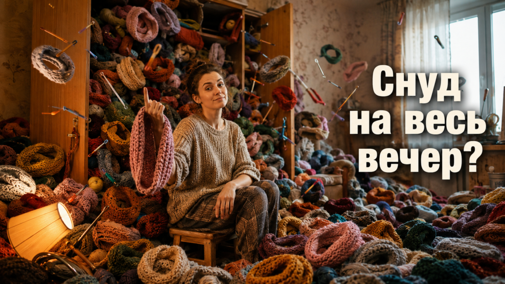 Вязаный крючком снуд серого цвета, надетый на плечи, крупная фактурная петля на фоне повседневной одежды