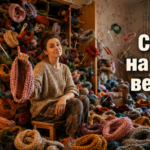 Вязаный крючком снуд серого цвета, надетый на плечи, крупная фактурная петля на фоне повседневной одежды
