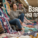 Рулоны тканей на прилавке магазина, покупательница выбирает подходящий отрезок для швейного проекта с резинкой