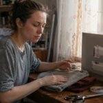 Швея шьёт трикотажную вещь на обычной швейной машине без оверлока, используя специальную растяжимую строчку
