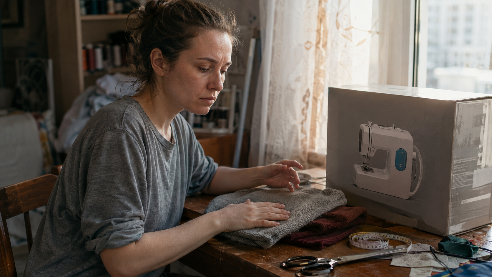 Швея шьёт трикотажную вещь на обычной швейной машине без оверлока, используя специальную растяжимую строчку