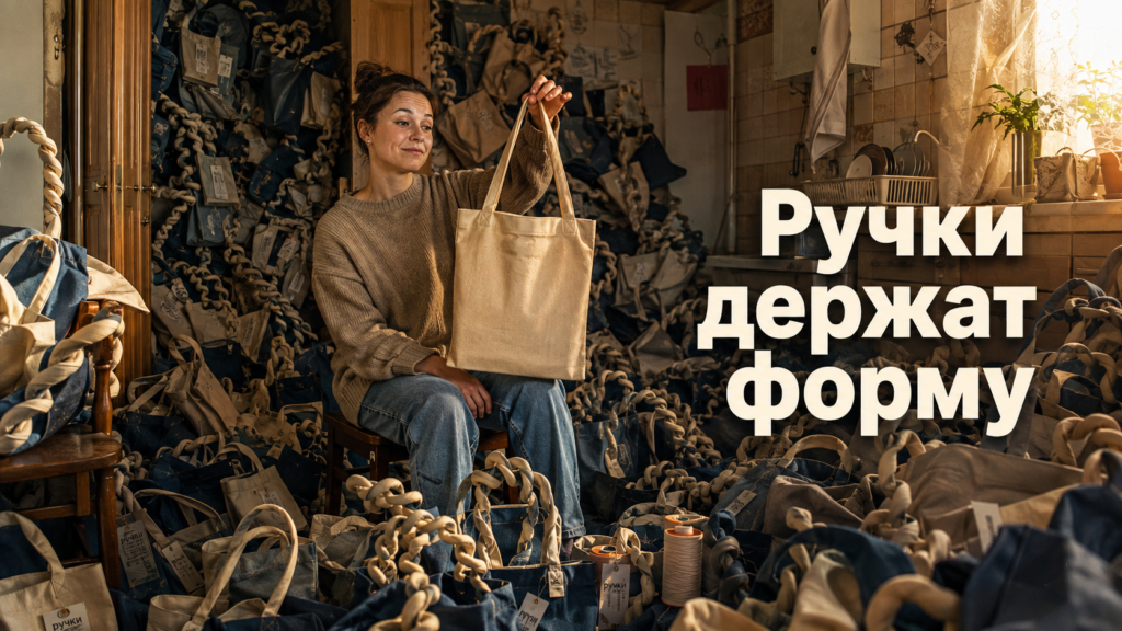 Крупный план втачивания ручек шопера в шов, показана техника аккуратной обработки края для прочной фиксации