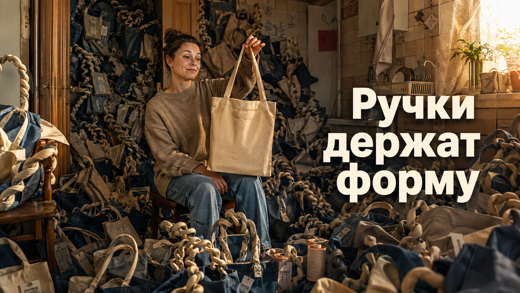 Крупный план втачивания ручек шопера в шов, показана техника аккуратной обработки края для прочной фиксации