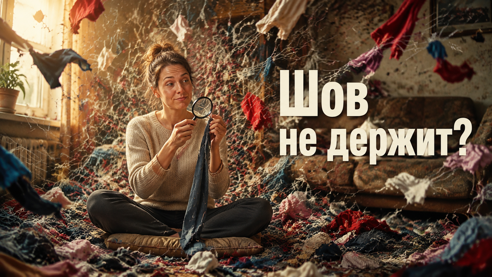 Крупный план шва с закрепками в начале и конце строчки, показывающий расхождение нитей после стирки одежды