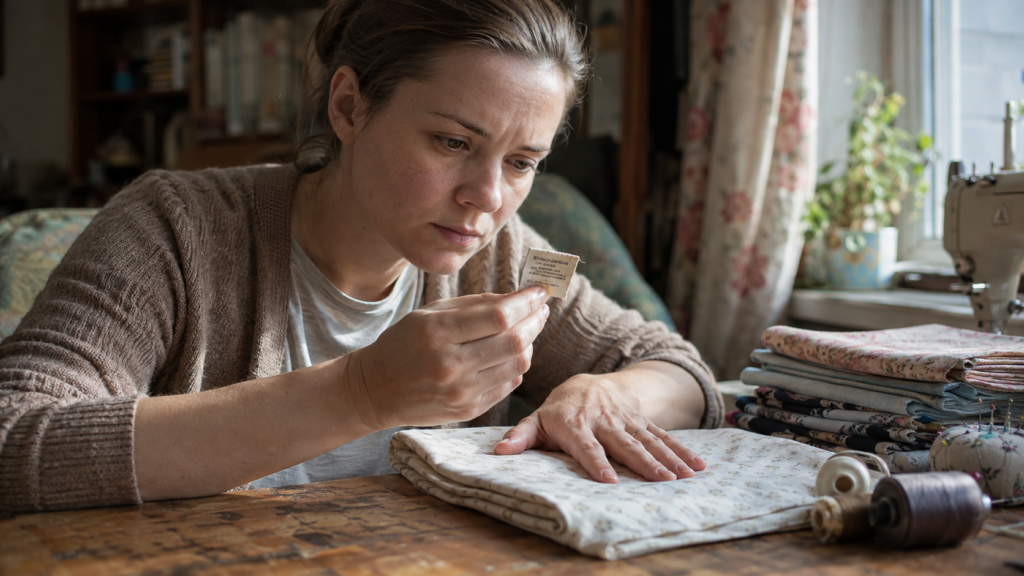 Отрез хлопковой ткани лежит рядом с этикеткой, на которой указан состав материала и производитель