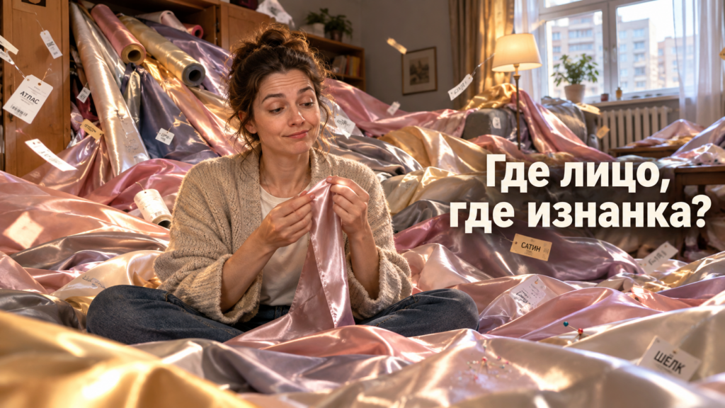 Ткань сатин с лицевой и изнаночной стороной, показано различие блеска и текстуры переплетения нитей