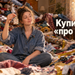 Готовый мини-шоппер из яркого отреза ткани лежит на рабочем столе рядом с нитками и ножницами