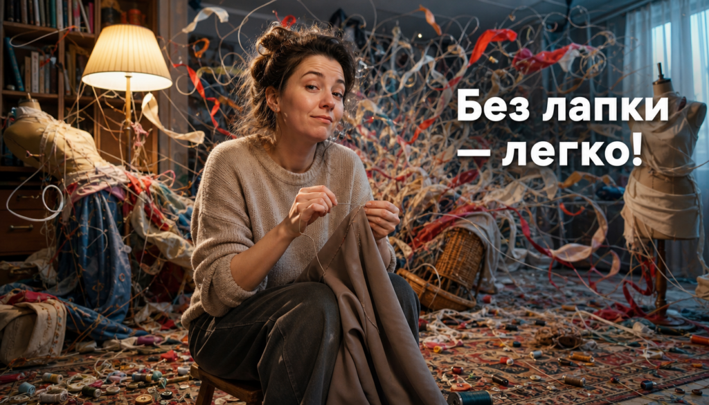 Крупный план ткани с потайным швом, выполненным вручную иглой и нитью без специальной лапки для швейной машины