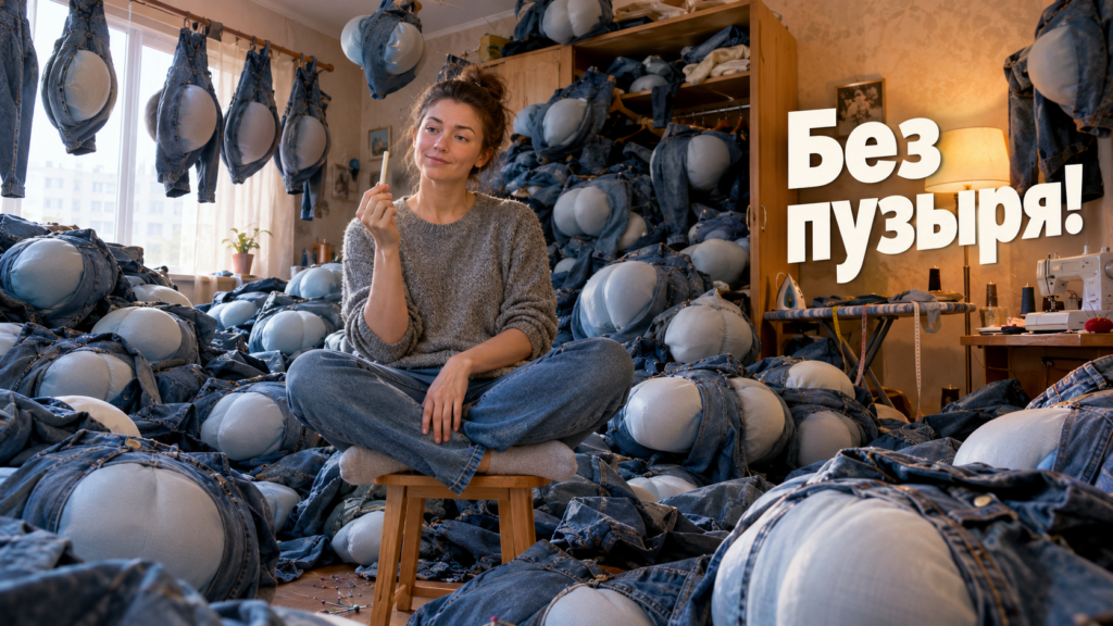 Процесс ушивки талии джинсов вручную с закреплёнными булавками складками на поясе для устранения пузыря сзади