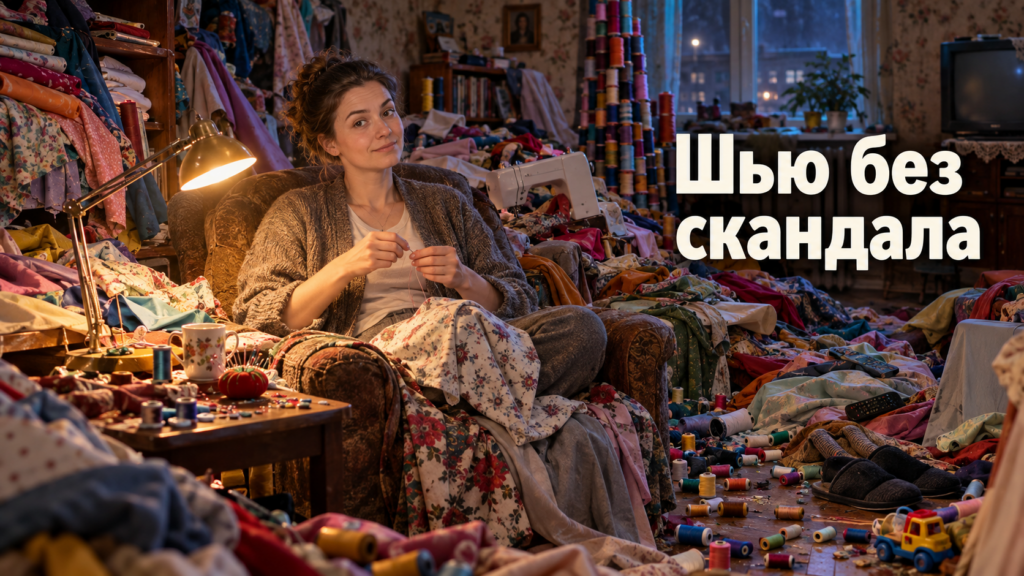 Женщина шьёт вечером за столом в гостиной, рядом сидят члены семьи, атмосфера спокойного диалога дома